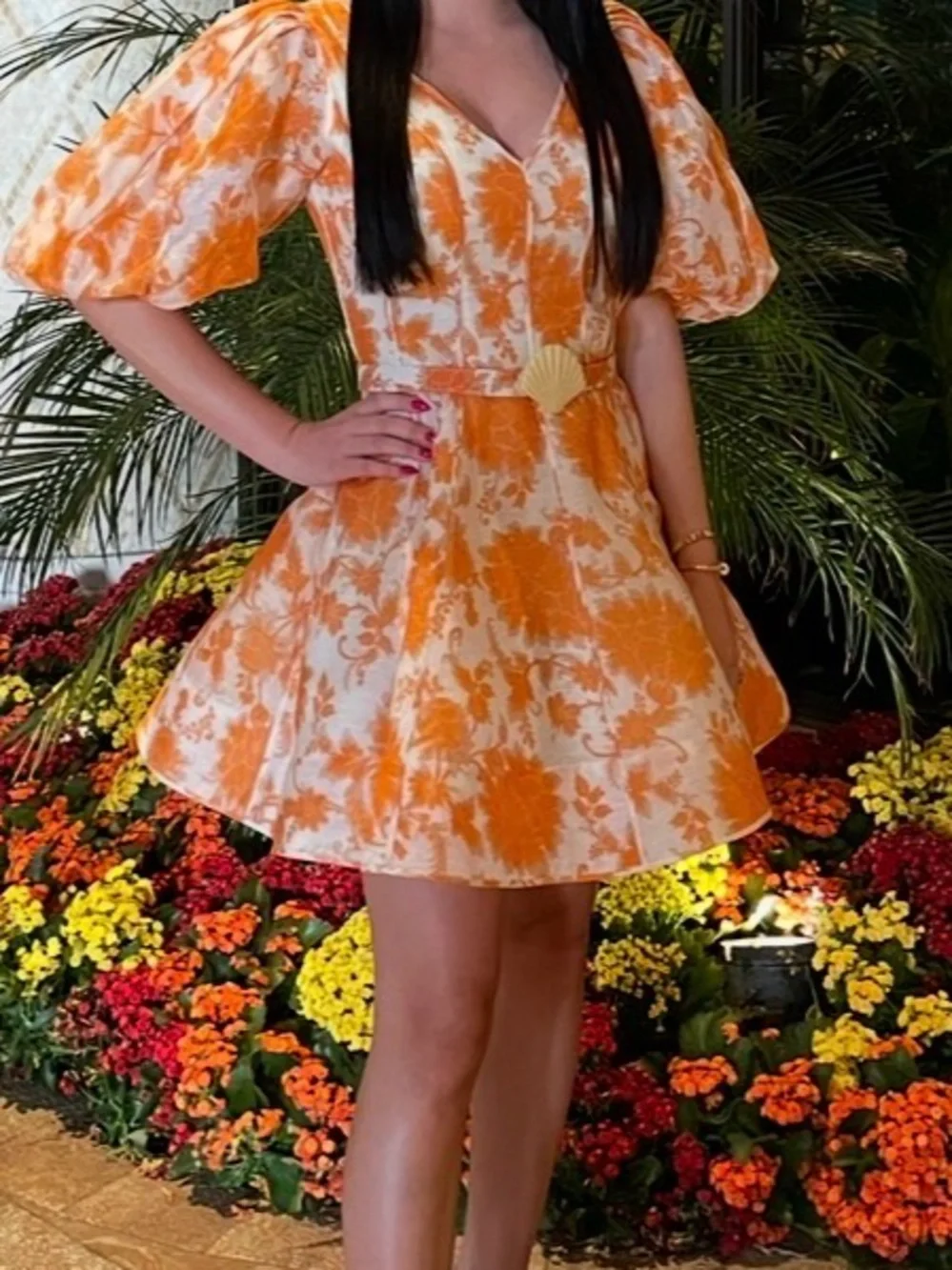 Zimmermann Orange and White Floral Puff-Sleeve Mini Dress - Picture 2 of 6